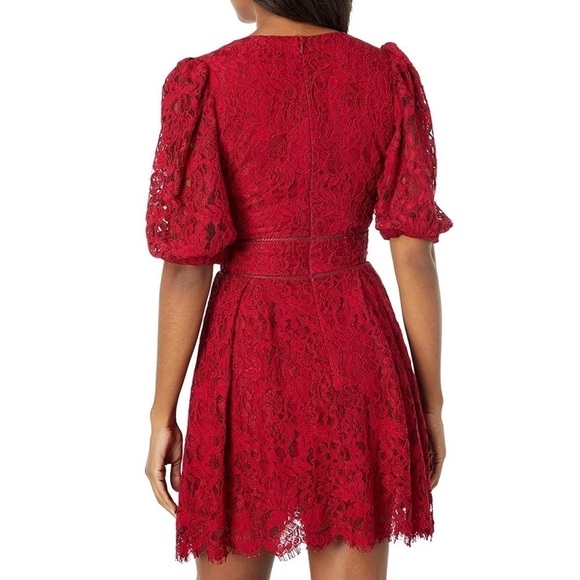 NWT Bardot Kira Red Button Front Lace Mini Dress Puff Sleeve V Neck Sz 2 - Picture 3 of 13